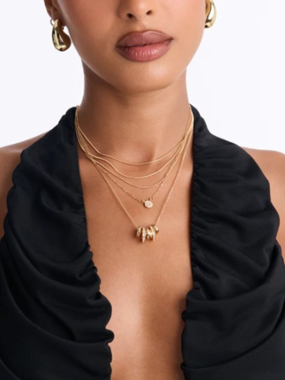 NWT Gold Tone 5 Strand Layered Necklace Crystal Charms Multi Chain Statement